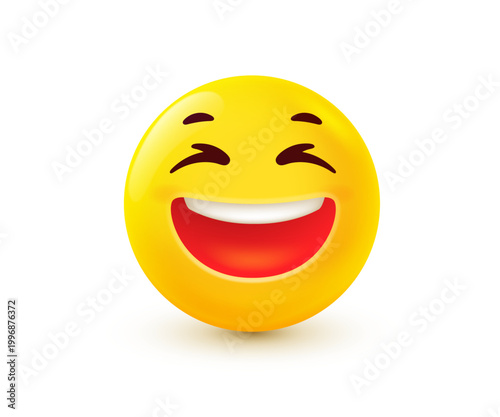 3d laughing emoji with closed eyes and wide open mouth with teeth, vector realistic happy and cheerful yellow face character for excitement, happiness or loud laughter expression