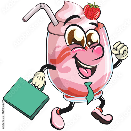 cute strawberry smoothie mascot character with a suitcase rushing to the office, funny milkshake drink cartoon vector illustration with straw isolated, work of hand drawn