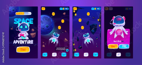 Game UI interface for space adventures with buttons, level screens and mobile icons. Futuristic game background with cosmic map, gui elements, video assets and alien robot gamer designs for apps.