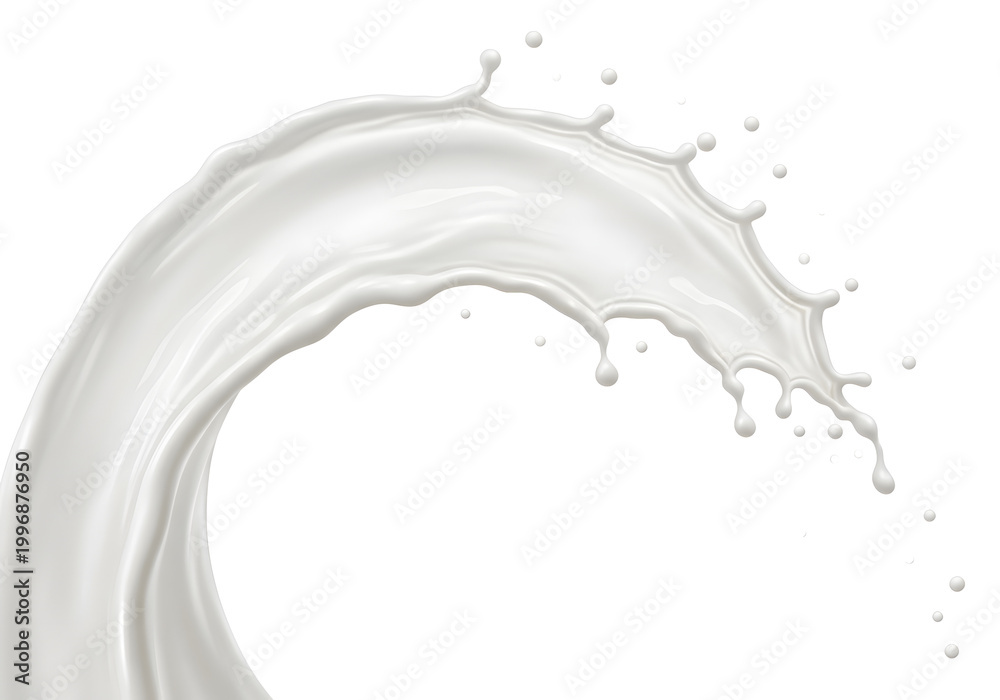 Fototapeta premium Splashing wave of white liquid on a plain PNG format transparent background, dynamic motion with droplets