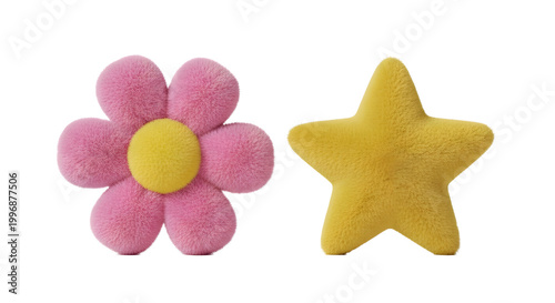 Soft pink flower and yellow star plush toys on PNG format transparent background, cute and colorful