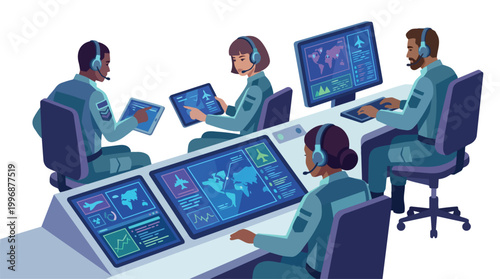 Air Traffic Control Center Team Monitoring Global Flights Vector Illustration Aviation Industry