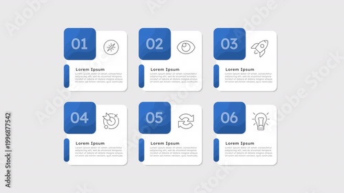 Workflow components infographic 6 steps template animation. Efficiency management. Sequence options HD video. Animated blank diagram visualization. Process layout empty design element. Motion graphics