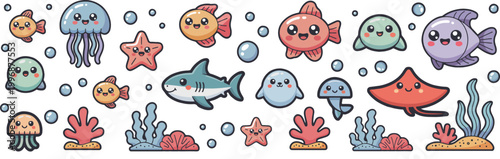 Kawaii summer beach ocean set with cute sea animals coral and bubbles isolated