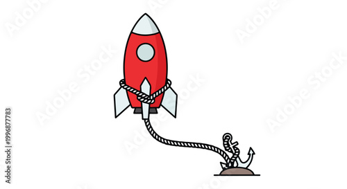 A cartoon red rocket ship blasting off into the sky with a trail of fire and smoke from its launchpad