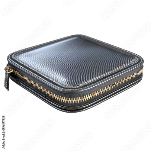 A sleek black zipped wallet designed with modern elegance on transparent background