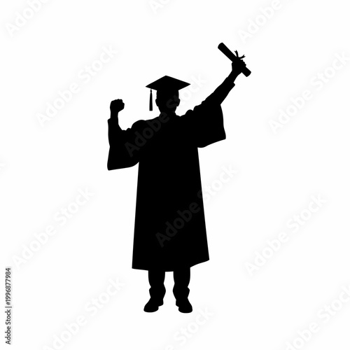 Graduate in cap and gown celebrating.