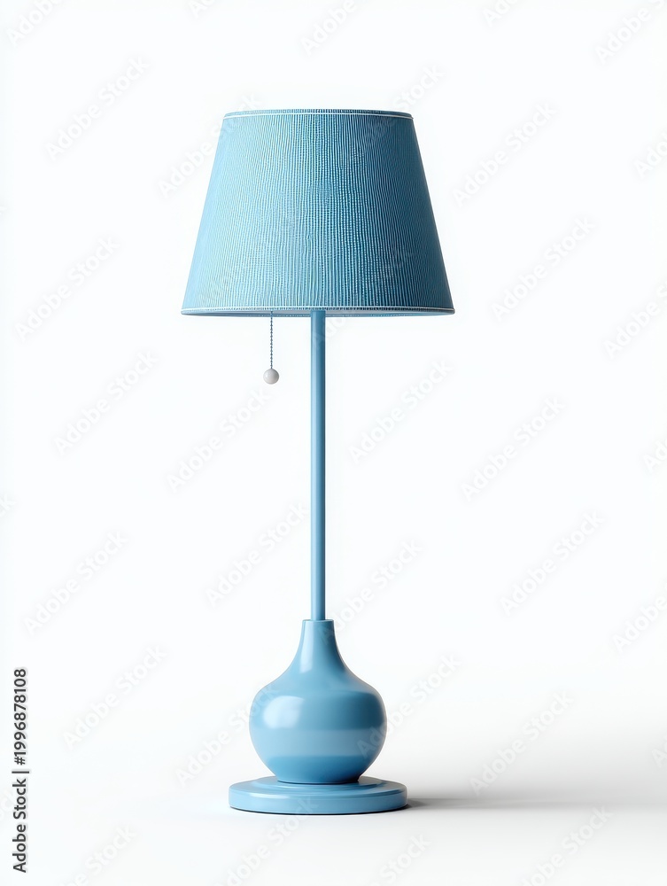 Fototapeta premium Blue Lamp With Reflective Shade And Round Base On White Background Studio Shot