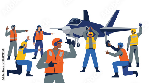 Military ground crew directing a modern fighter jet on an airfield with clear hand signals for aviation operations and air traffic control
