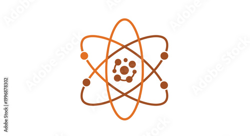 Simple Orange Atom Model Logo with Electron Orbits, Science Icon on Isolated White Background