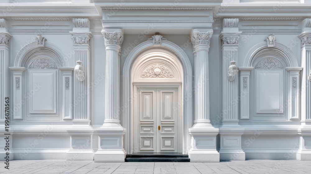 Fototapeta premium Elegant White Door Surrounded by Classic Architecture and Intricate Columns in Bright Sunny Daylight