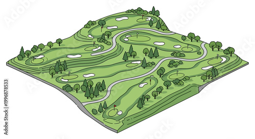 Isometric vector illustration of a detailed golf course featuring greens, sand traps, and a lake, rendered in a clean, cartoon art style against a white background, conveying a sense