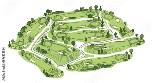 Isometric vector illustration showcasing a detailed golf course design, complete with greens, sand traps, and fairways, presented in a clean, minimalist style with a focus on artistic