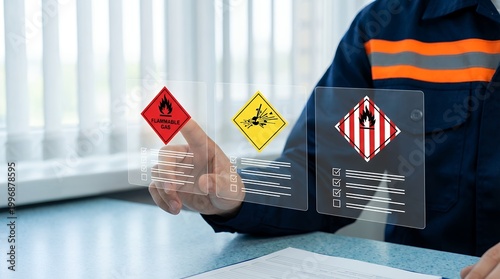 Worker interacts with holographic display showing hazardous material warning symbols and checklist items emphasizing safety protocols risk danger flammable gas explosion sign