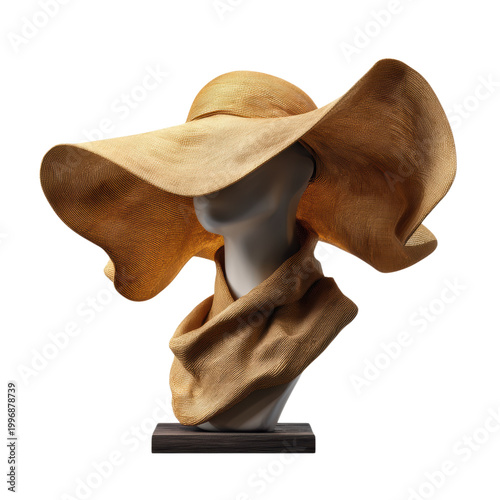 A stylish wide-brimmed straw hat displayed on a bust on transparent background