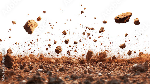 Brown dirt and rocky debris levitating against a black background, detail view