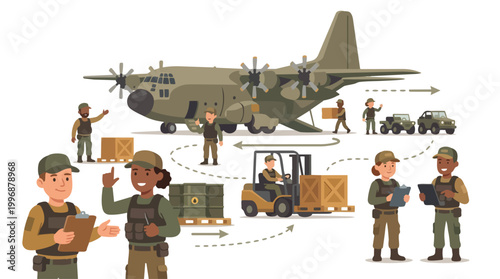 Military aviation logistics and supply chain management illustration featuring soldiers loading cargo plane with forklift crates and equipment for transport industry operations