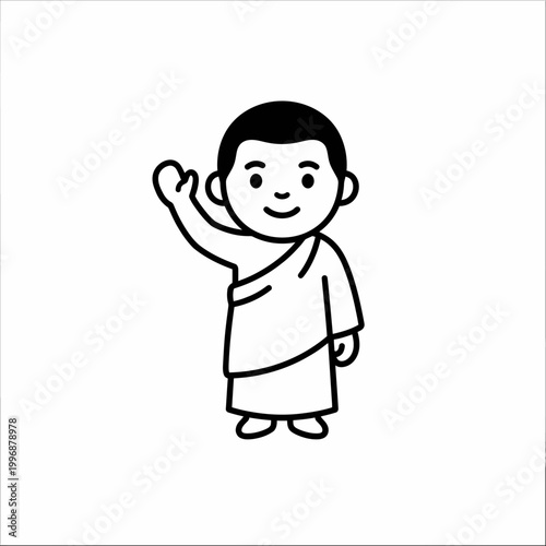 Smiling boy in a robe waving.
