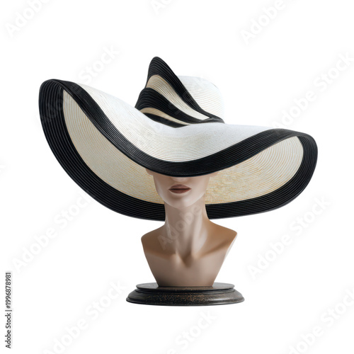 A stylish wide-brimmed hat displayed elegantly on a mannequin on transparent background