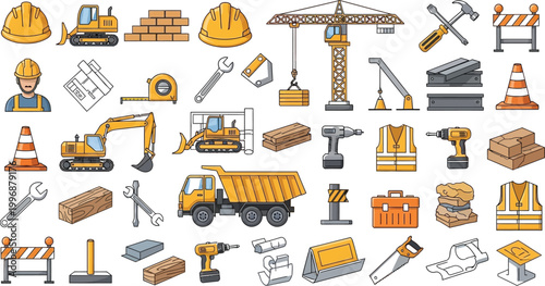 Construction site icons featuring various tools and machinery