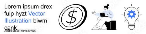 Finance, remote work, innovation, technology, productivity, business solutions. A dollar symbol, a person working on a laptop and a gear inside a light bulb icon. Finance and remote work concepts