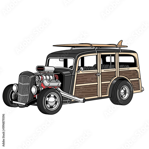 Vintage Hot Rod Woody Car with Surfboard on White Background