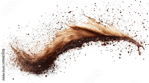 A brown liquid splash erupts, creating a dynamic, abstract shape against black