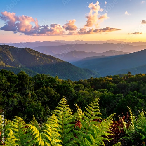 A serene mountain landscape at sunset with lush greenery (4)