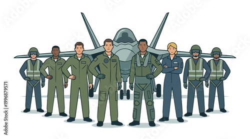 Diverse group of military pilots and ground crew standing confidently in front of a modern fighter jet aircraft, symbolizing aviation teamwork and defense industry strength
