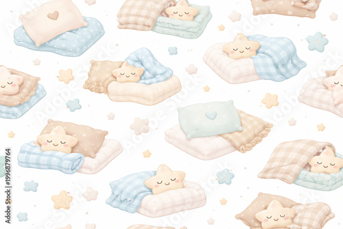 A cozy and comforting seamless pattern featuring sleepy little stars tucked into soft beds. The design showcases stars with peaceful expressions resting on fluffy pillows and covered with checkered 