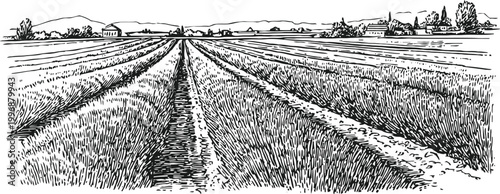rural farmland landscape with plowed fields extending towards distant buildings and trees