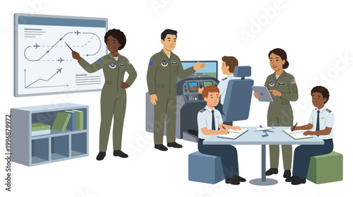 Diverse group of pilots and instructors in a flight training simulation room with a flight path presentation and cockpit controls, military aviation industry concept