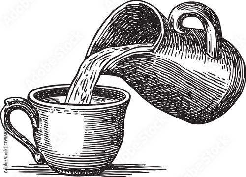 Vintage illustration of water pouring from a jug into a cup, classic hand drawn beverage scene