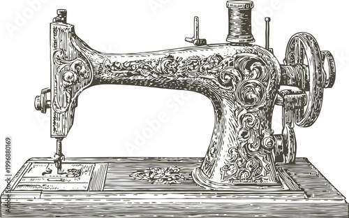 Vintage sewing machine with intricate floral engravings on wooden base, classic tailor tool design