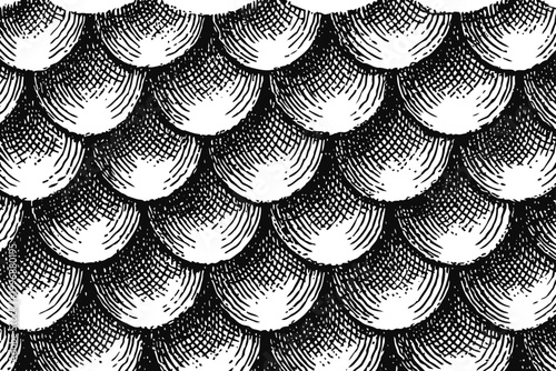 black and white fish scales pattern vintage hand drawn aquatic texture illustration reptile or mermaid design background