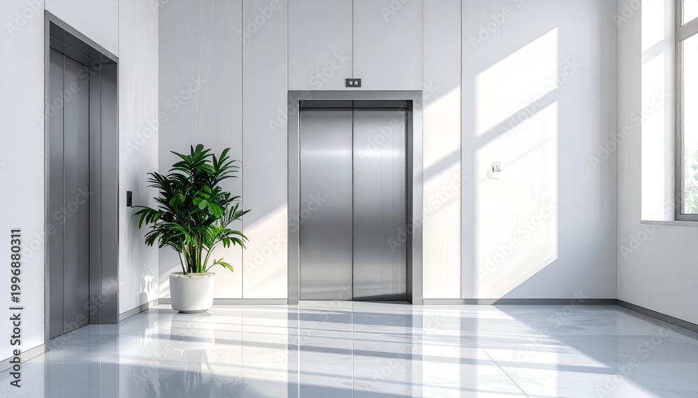 Fototapeta premium Modern Elevator Lobby with Natural Light and Plant.