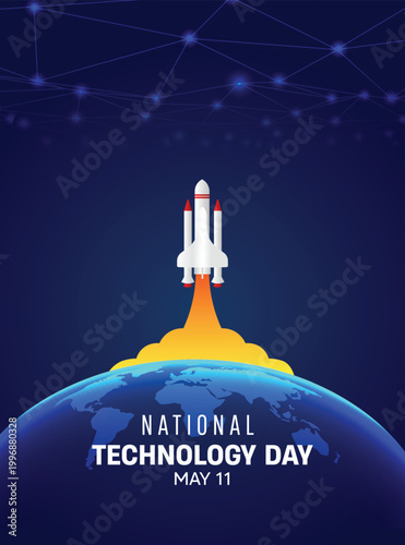 National Technology Day featuring rocket launch innovation future progress vector poster