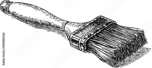Vintage paintbrush illustration with detailed wooden handle and fine bristles in black ink