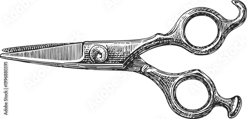 Vintage barber scissors engraving classic hairdressing tool detailed illustration, grooming accessory