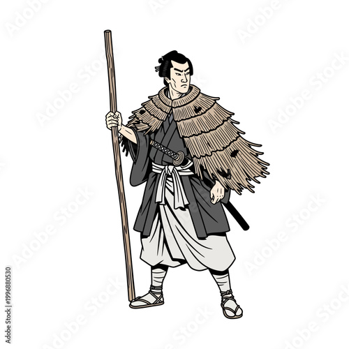 Japanese Samurai Warrior with Staff and Straw Cape, Traditional Asian Fighter Illustration
