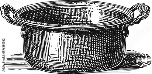 Vintage cooking pot illustration metal cookware with handles, textured shading, antique kitchenware design