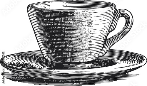 Vintage coffee cup and saucer engraved illustration, classic tea drinkware in black and white drawing