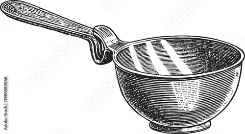 Vintage metal scoop with wooden handle, detailed engraved kitchen utensil illustration