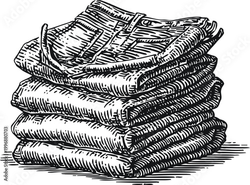 folded jeans stack illustration detailed black and white drawing of casual denim pants piled up