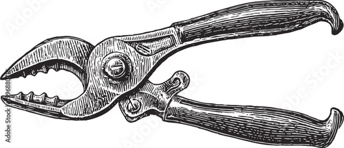 Vintage illustration of adjustable pliers hand tool with curved jaws and textured handles