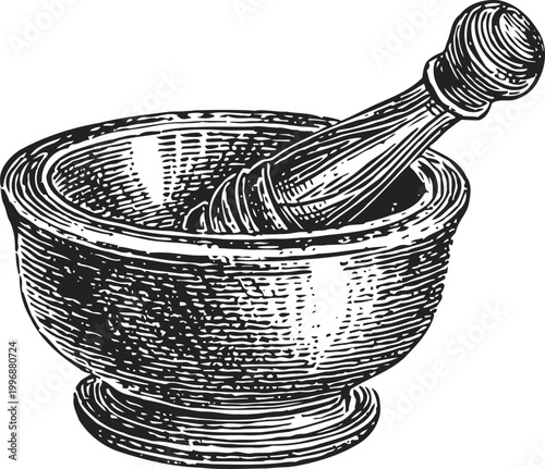 Vintage mortar and pestle engraving traditional kitchen tool for grinding and crushing herbs and spices