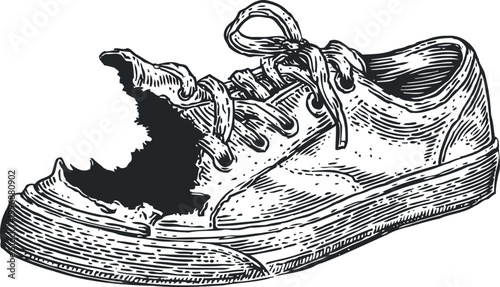 Worn torn sneaker shoe with damaged sole and frayed laces isolated vintage sketch