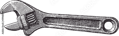 vintage adjustable wrench illustration hand drawn spanner tool with textured shading, mechanical equipment design