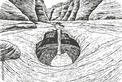 Natural sinkhole with flowing water in rocky desert landscape, canyon erosion and geological formation sketch