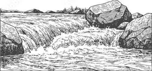 Mountain river waterfall rushing over rocks in natural landscape scene illustration